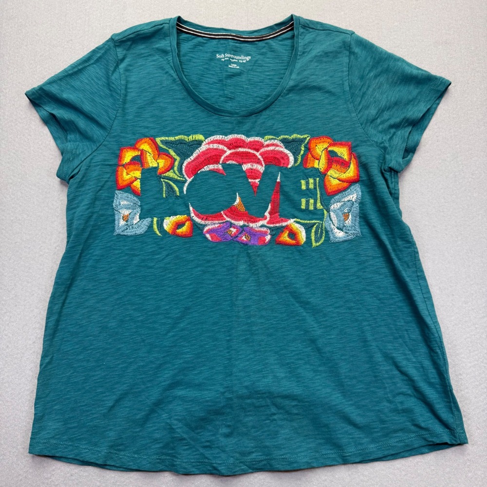 Soft Surroundings Love Embroidered Organic Cotton Tee Short Sleeve Teal L‎ NWOT